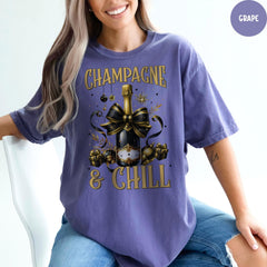 Comfort Colors® Champagne & Chill T-Shirt, New Year Drinks Tee, Coquette Bow Shirt, Happy New Year Gift, New Year Party Shirt