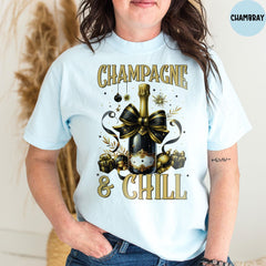 Comfort Colors® Champagne & Chill T-Shirt, New Year Drinks Tee, Coquette Bow Shirt, Happy New Year Gift, New Year Party Shirt