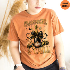 Comfort Colors® Champagne & Chill T-Shirt, New Year Drinks Tee, Coquette Bow Shirt, Happy New Year Gift, New Year Party Shirt