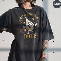 Comfort Colors® Happy New Year Dude Shirt, Funny Party T-Shirt, New Year Dude Shirt, Retro Disco Ball Shirt, Coquette Bow Shirt