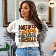 Comfort Colors® Bonfires Pumpkins Sweaters Football T-Shirt, Fall Vibes Tee, Womens Fall Tshirts, Cute Fall Tees, Fall Season Shirt