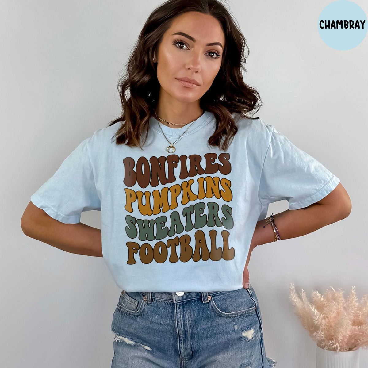 Comfort Colors® Bonfires Pumpkins Sweaters Football T-Shirt, Fall Vibes Tee, Womens Fall Tshirts, Cute Fall Tees, Fall Season Shirt