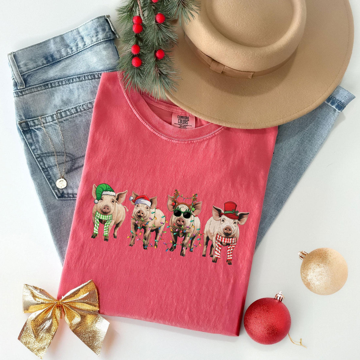 Comfort Colors® - Christmas Pigs Shirt - Funny Farmer Shirt - Christmas Animal Shirt - Pig Lover Gifts - Holiday Tshirts - Cute Christmas