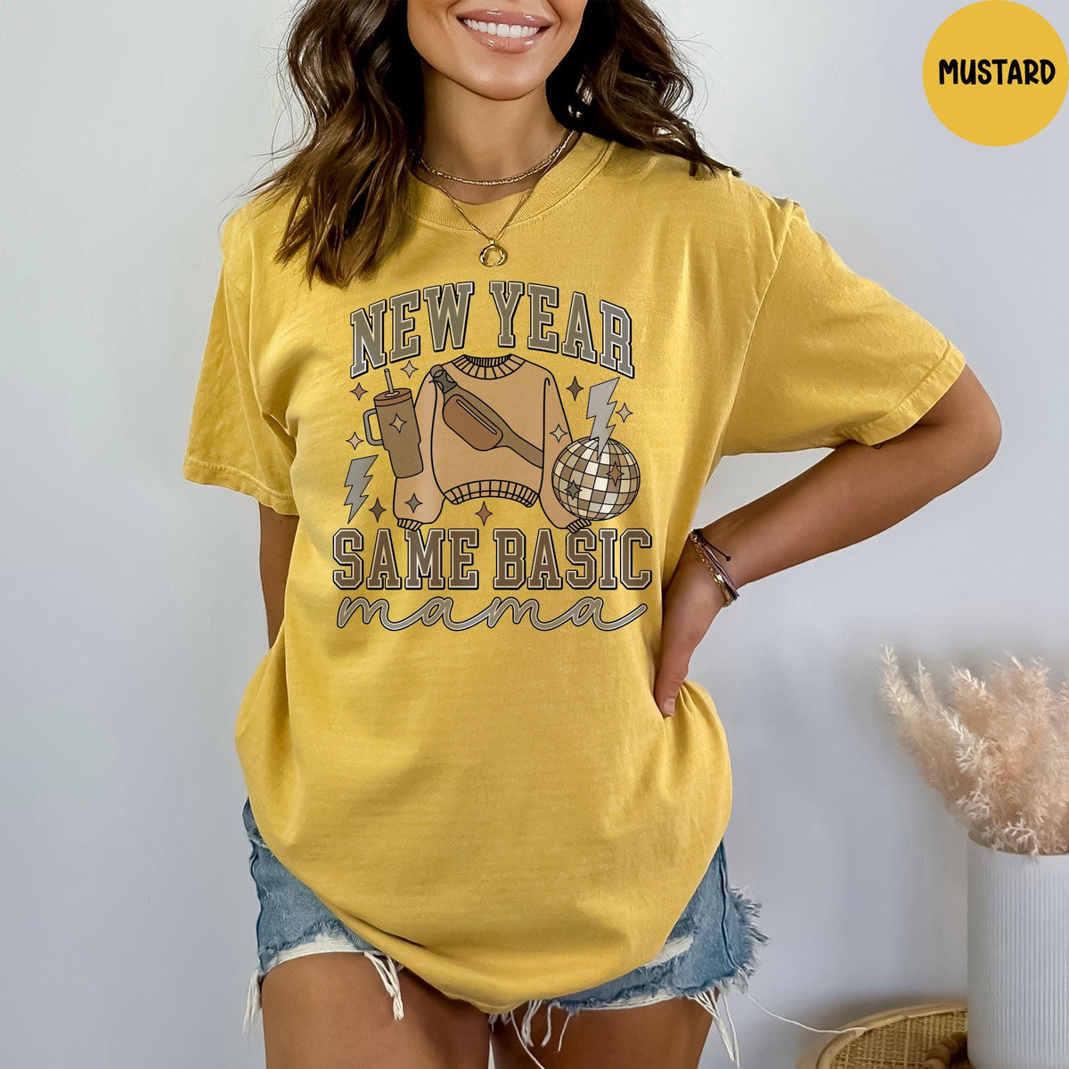 Comfort Colors® New Year Same Basic Mama, Gift for Mom, Happy New Year Tee, Mama T-shirt, Disco Ball Shirt, Mom Life Gift