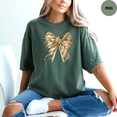 Comfort Colors® Christmas Gold Bow Shirt, Coquette Happy New Year, Christmas Coquette Bow Shirt, Christmas Party Tee