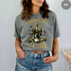Comfort Colors® Champagne & Chill T-Shirt, New Year Drinks Tee, Coquette Bow Shirt, Happy New Year Gift, New Year Party Shirt
