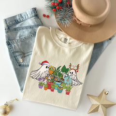 Comfort Colors® - Christmas Ghost T-Shirt - Plant Lover Ghost Tee - Spooky Holiday Tee - Christmas Vibes Gift - Ghost Santa Shirt