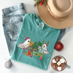 Comfort Colors® - Christmas Ghost T-Shirt - Plant Lover Ghost Tee - Spooky Holiday Tee - Christmas Vibes Gift - Ghost Santa Shirt