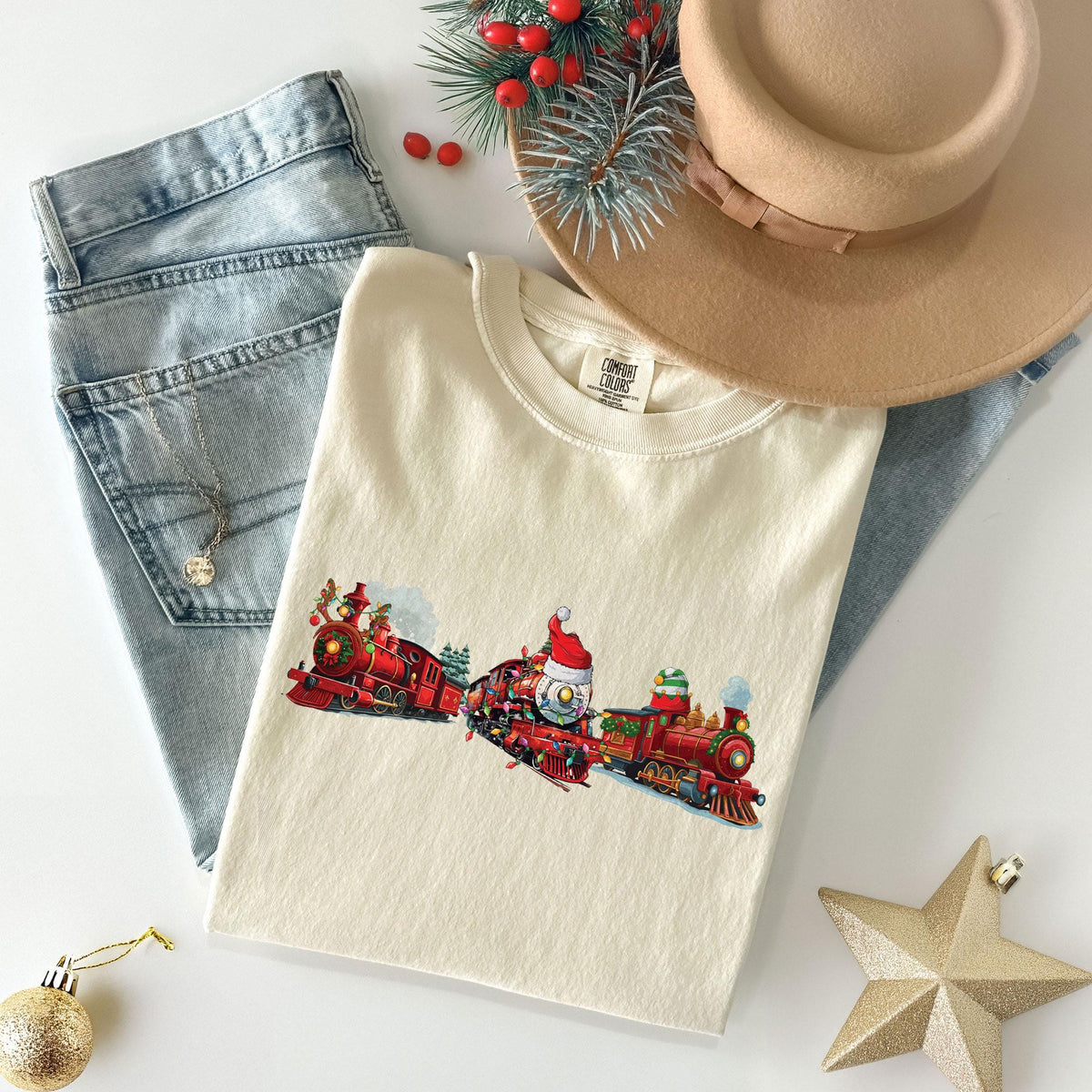 Comfort Colors® - Christmas Train T-Shirt - North Pole Train Tee - Holiday Locomotive - North Pole Express - Retro Xmas Gift - Believe Shirt