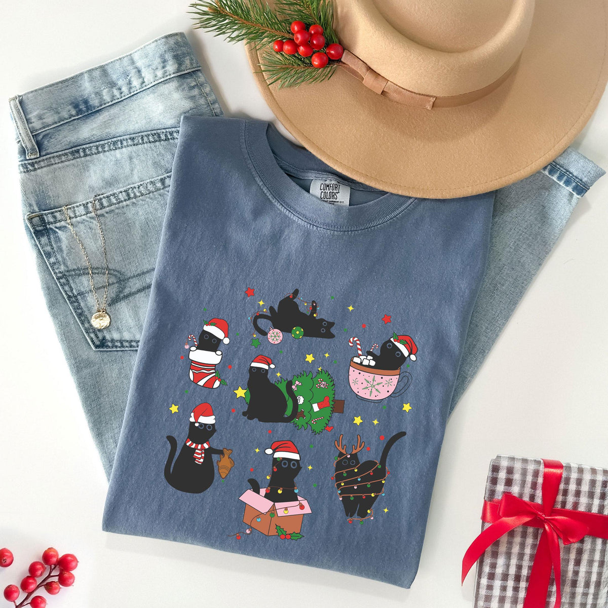 Comfort Colors® - Christmas Black Cat Shirt - Cat Lover Tshirt - Cat Mom Shirt - Xmas, Cat Shirts - Cute Christmas Shirt - Cats Christmas