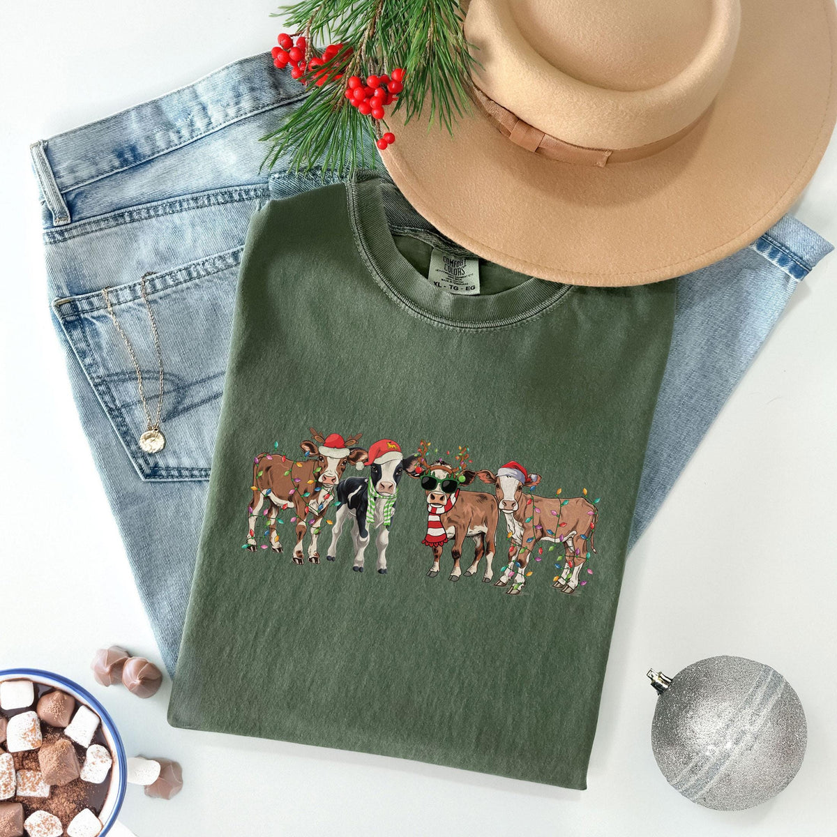 Comfort Colors® Shirt with - Christmas Cow Shirt - Funny Animal Shirt - Farm Christmas Shirt - Cow Gifts - Country Christmas - Animal Lover