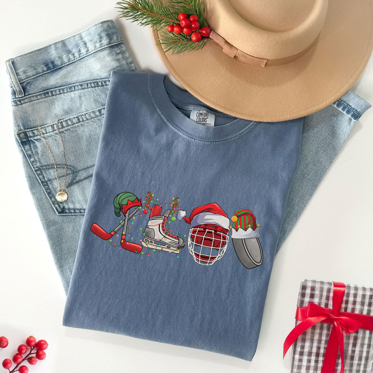 Comfort Colors® - Christmas Ice Hockey Shirt - Hockey Mom Shirt - Ice Hockey Gifts - Hockey Team Shirt - Hockey Lover Gift - Xmas - Holiday