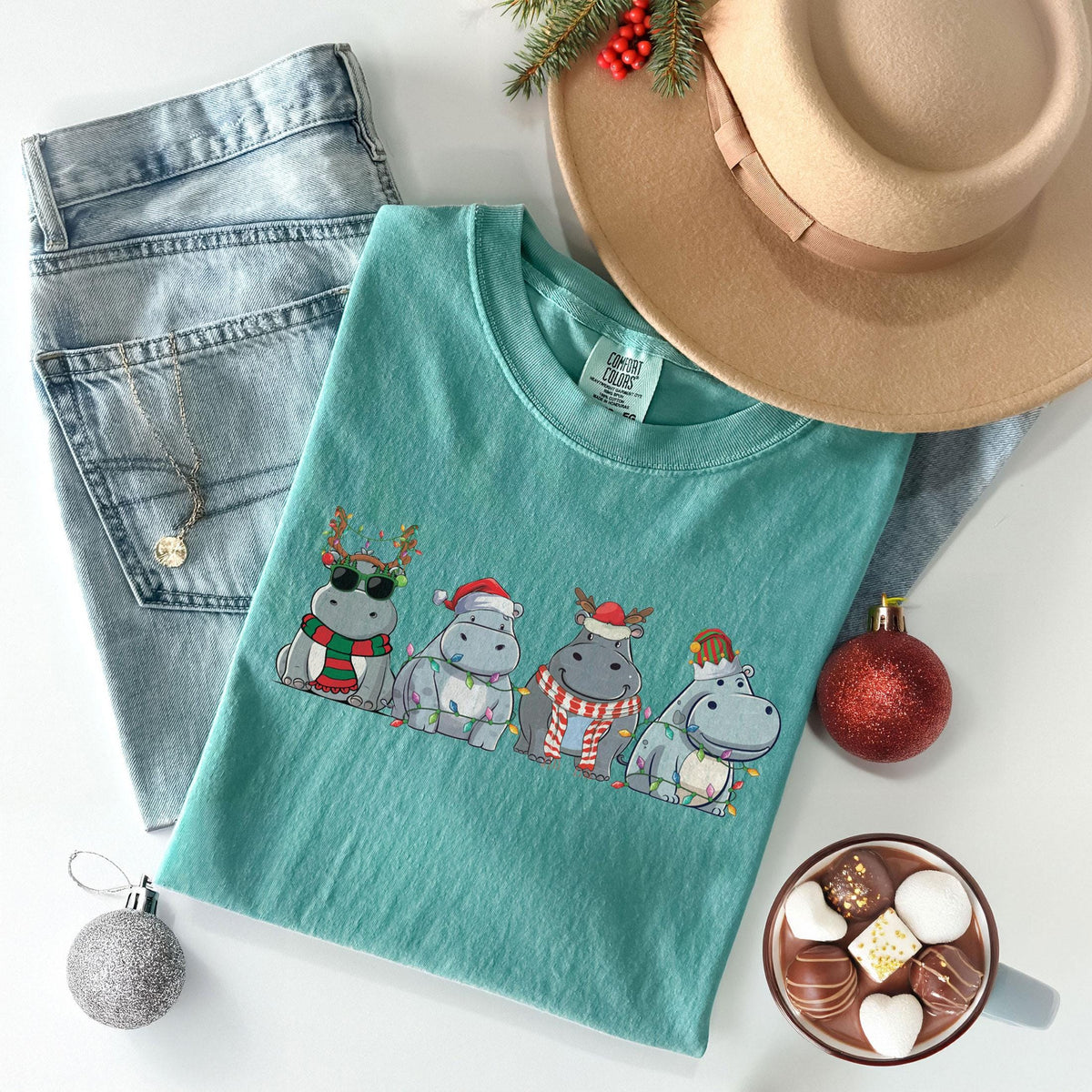 Comfort Colors® - Christmas Hippopotamus Shirt - Retro Hippo Christmas Light Shirt - Funny Christmas Shirt - Hippo Gift - Christmas Animal