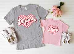 Mama Mini Matching Valentine Day Shirts - Mom Daughter Checkered Heart T-Shirt - Valentines Day Outfit