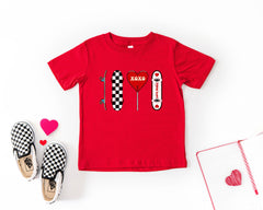 Boys Valentine Day Shirt - Kids Valentine Outfit - Checkered Retro Skateboard Valentine  Tee - Longboard Love More