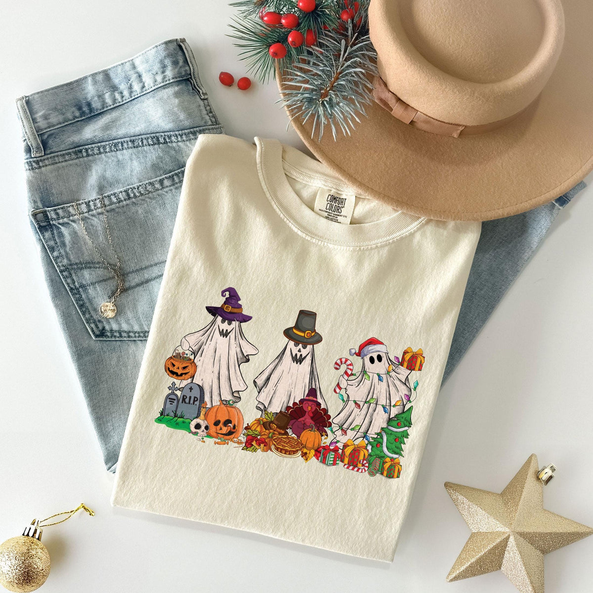Comfort Colors® - Comfort Colors® - Christmas Ghost T-Shirt - Spooky Holiday Tee - Christmas Vibes Gift - Ghost Santa Shirt