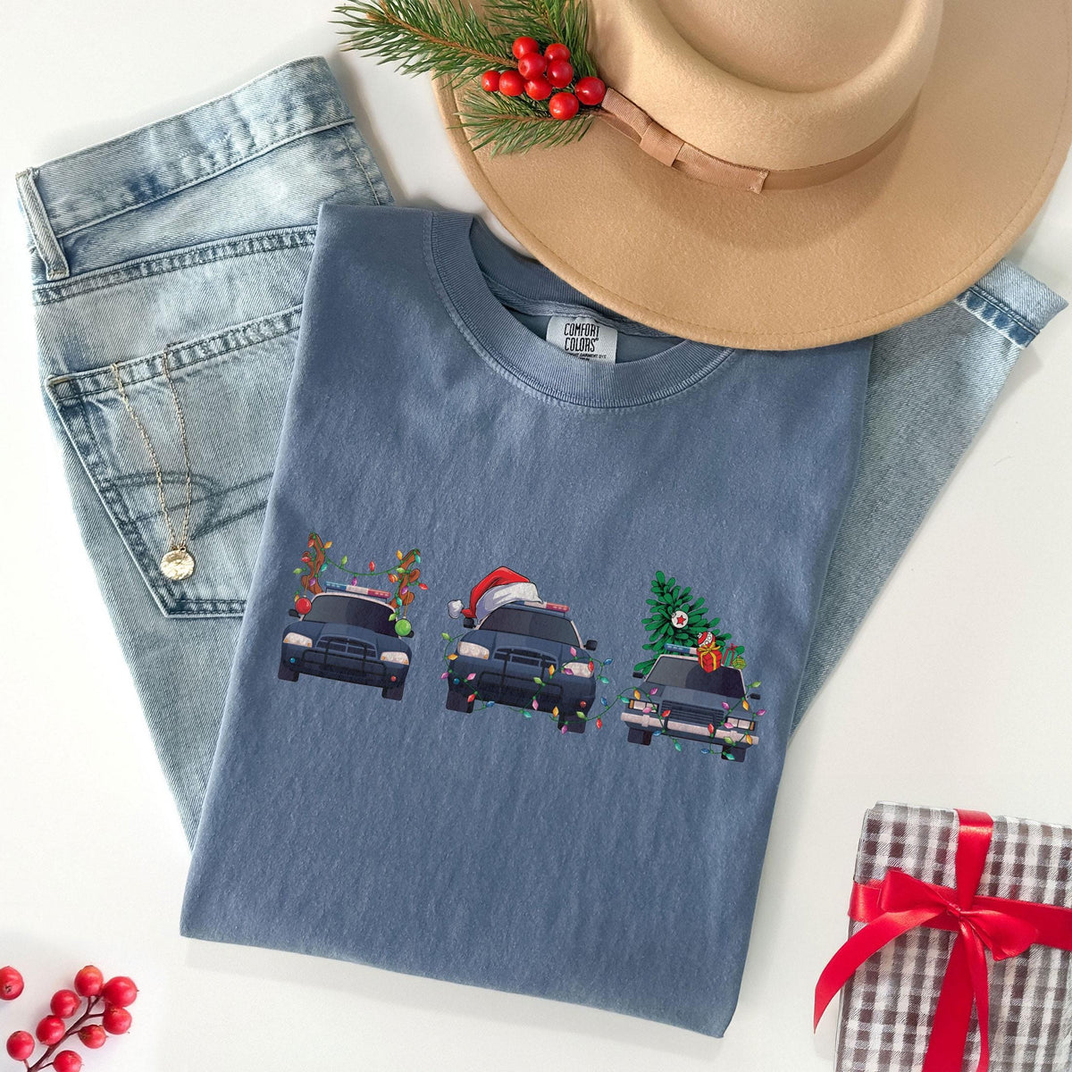 Comfort Colors® - Police Car Christmas Shirt - Police Christmas Tree - Police Wife Gift - Blue Line Family Gift - Gift for Men
