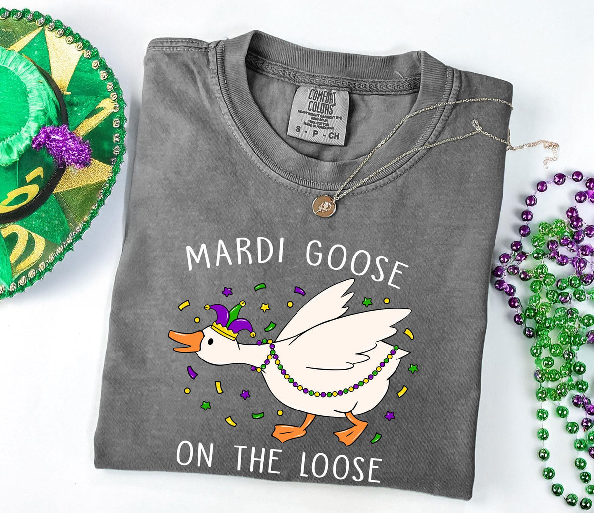 Comfort Colors® Mardi Goose on The Loose Shirt - Funny Mardi Gras T-Shirt - Festive Carnival Goose Tee
