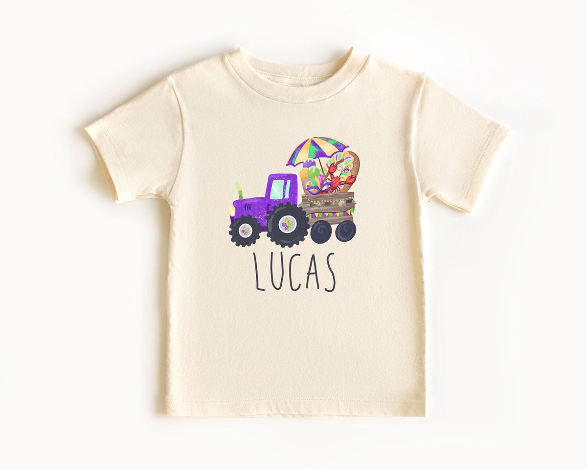 Mardi Gras Toddler Shirt - Custom Name Kids Tee - Personalized Tractor Kids Gift - Cute Mardi Gras Festival - Fat Tuesday Baby Bodysuit