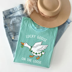 Comfort Colors® - St Patrick's Day T-Shirt - Lucky Goose on the Loose - Lucky Duck Gift - Funny Irish Tee - Holiday Goose Shirt - Party Tee
