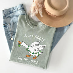 Comfort Colors® - St Patrick's Day T-Shirt - Lucky Goose on the Loose - Lucky Duck Gift - Funny Irish Tee - Holiday Goose Shirt - Party Tee