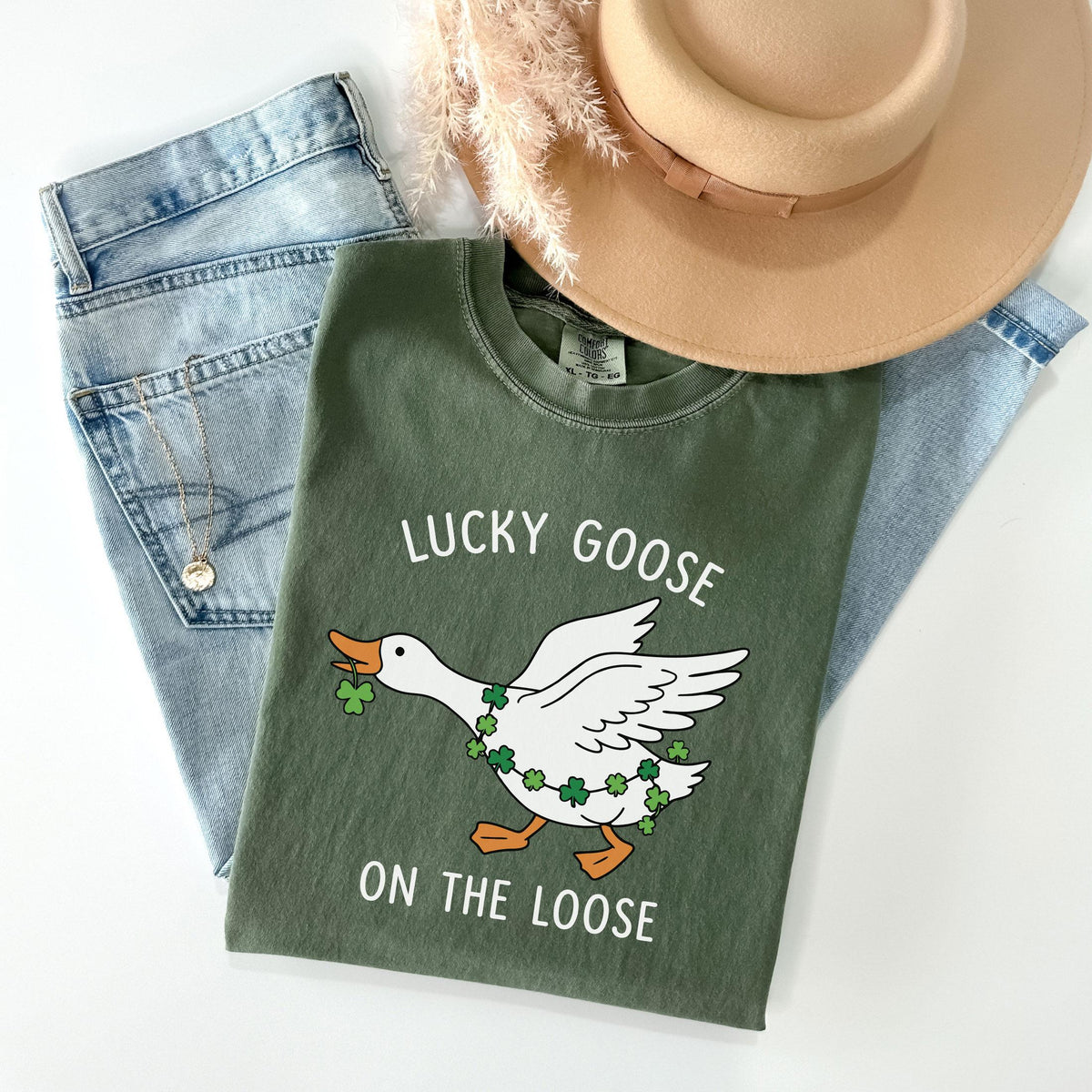 Comfort Colors® - St Patrick's Day T-Shirt - Lucky Goose on the Loose - Lucky Duck Gift - Funny Irish Tee - Holiday Goose Shirt - Party Tee