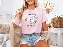 St Patrick's Day T-Shirt - Lucky Goose on the Loose - Lucky Duck Gift - Funny Irish Tee - Holiday Goose Shirt - Party Tee - Green Holiday