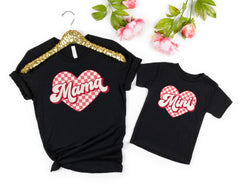 Mama Mini Matching Valentine Day Shirts - Mom Daughter Checkered Heart T-Shirt - Valentines Day Outfit