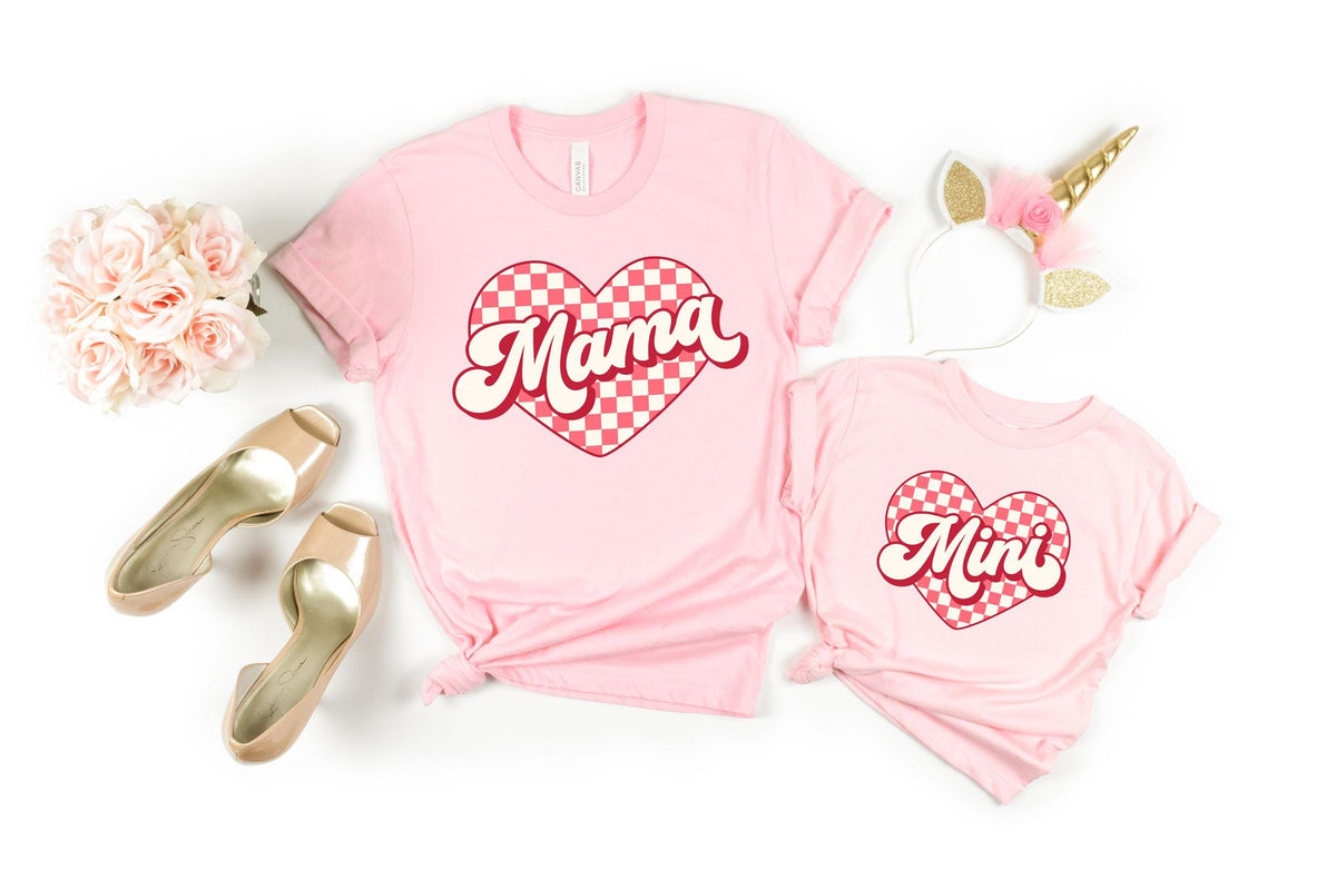 Mama Mini Matching Valentine Day Shirts - Mom Daughter Checkered Heart T-Shirt - Valentines Day Outfit