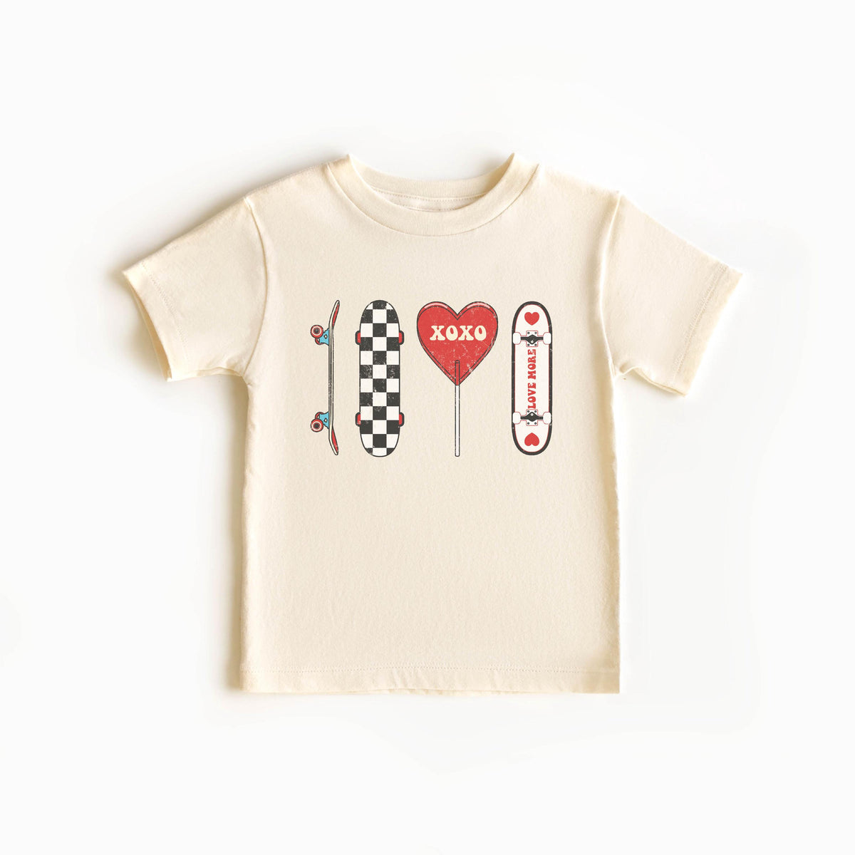 Boys Valentine Day Shirt - Kids Valentine Outfit - Checkered Retro Skateboard Valentine  Tee - Longboard Love More