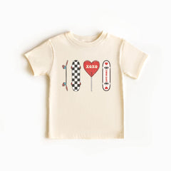 Boys Valentine Day Shirt - Kids Valentine Outfit - Checkered Retro Skateboard Valentine  Tee - Longboard Love More