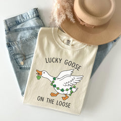 Comfort Colors® - St Patrick's Day T-Shirt - Lucky Goose on the Loose - Lucky Duck Gift - Funny Irish Tee - Holiday Goose Shirt - Party Tee