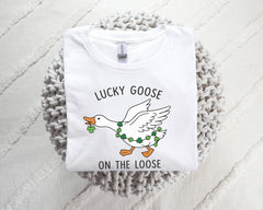 St Patrick's Day T-Shirt - Lucky Goose on the Loose - Lucky Duck Gift - Funny Irish Tee - Holiday Goose Shirt - Party Tee - Green Holiday