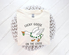 St Patrick's Day T-Shirt - Lucky Goose on the Loose - Lucky Duck Gift - Funny Irish Tee - Holiday Goose Shirt - Party Tee - Green Holiday
