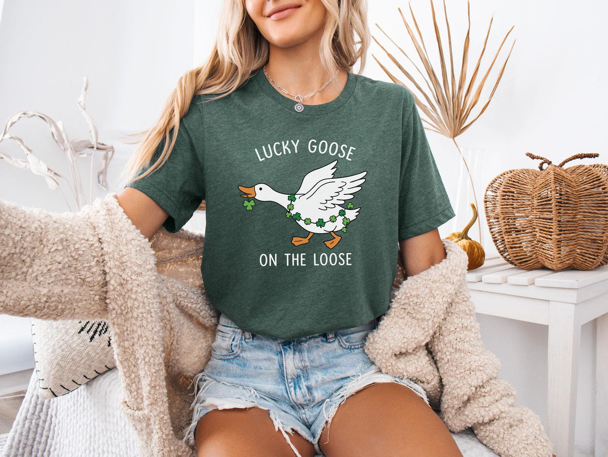 St Patrick's Day T-Shirt - Lucky Goose on the Loose - Lucky Duck Gift - Funny Irish Tee - Holiday Goose Shirt - Party Tee - Green Holiday