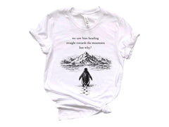 Nihilist Penguin T-Shirt - But Why Penguin Tee - Sad Penguin Mountains - Funny Meme Shirt - Documentary Penguin - Hiking Tee for Adventurer