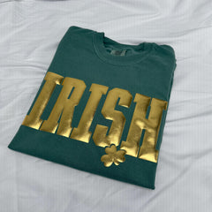 3D Gold Puff Print IRISH Shirt, Gold Clover Irish Tee, Comfort Colors Shirt, St Patrick’s Day Graphic Tee