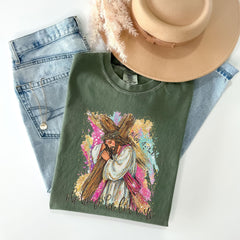 Comfort Colors® Jesus Carrying the Cross - Christian Easter Gift - Spring T-Shirt - Jesus Lover Gift - Faith Based Tee - Religious Shirt
