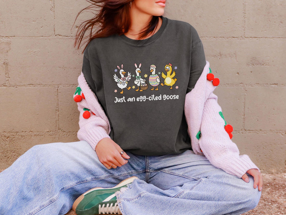 Comfort Colors® Just An Egg-cited Goose - Easter Goose T-Shirt - Funny Festive Tee - Easter Vibes Shirt - Spring Holiday Tee - Easter Eggs